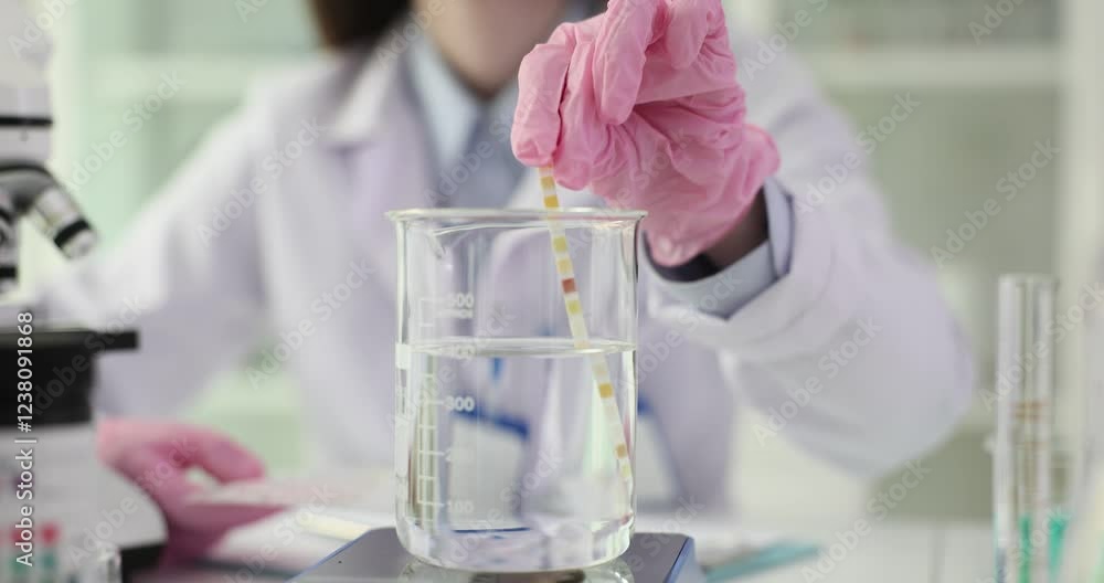 Laboratory assistant checks water sample with test strip at workplace ...