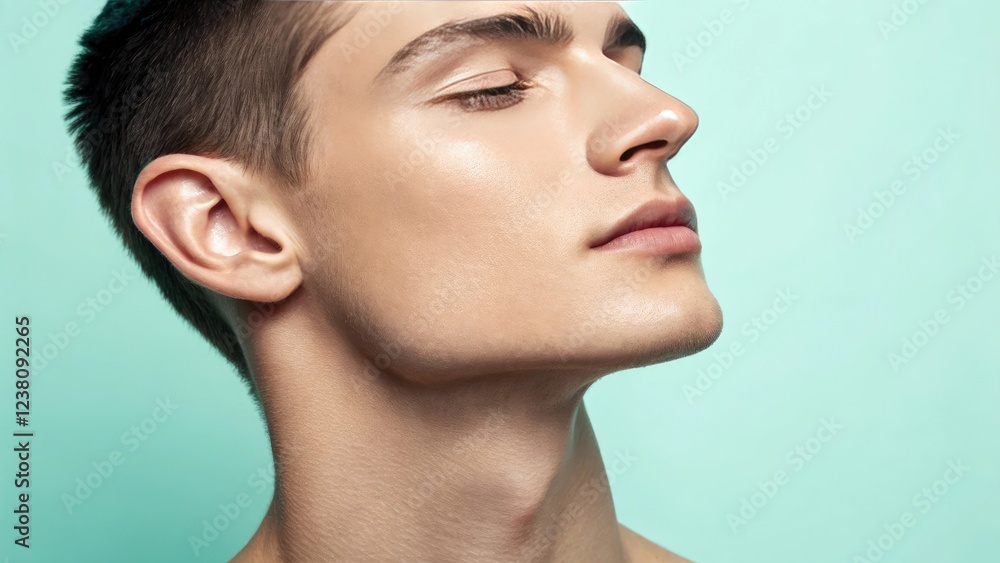 Close-up of a young man with flawless skin against a teal background Close-up of a young man with flawless skin against a teal background