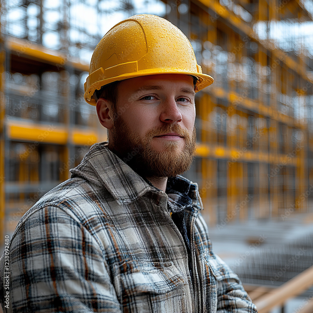 construction worker in plaid shirt and hard hat stands confidently at building site, showcasing determination and focus amidst industrial backdrop construction worker in plaid shirt and hard hat stands confidently at building site, showcasing determination and focus amidst industrial backdrop