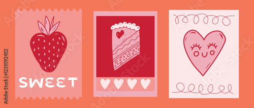 Colorful illustrations celebrating sweets and love featuring strawberries, heart-shaped cake, and cute hearts on a vibrant background