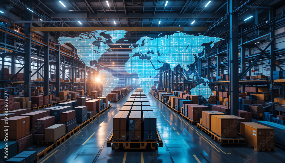 Fototapeta premium Logistics hub with automated global shipping data management