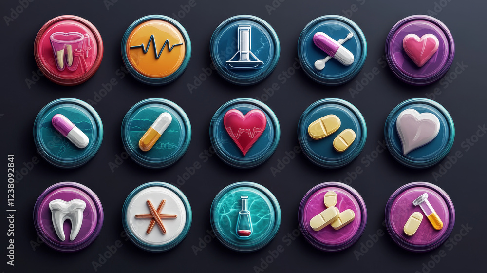 Set of flat colorful medical icons on web buttons depicting a microscope, tablets, caduceus, eyeglasses, dropper, laboratory flask, tooth, poison and a heart with a heartbeat Set of flat colorful medical icons on web buttons depicting a microscope, tablets, caduceus, eyeglasses, dropper, laboratory flask, tooth, poison and a heart with a heartbeat