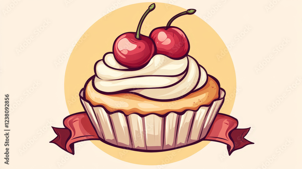 Pastry cake dessert emblem. Bakery shop or patisserie cupcake icon. Vector sweet tart or biscuit muffin with whipped cream and fruity topping of cherry berry. Badge with ribbon for confectionery Pastry cake dessert emblem. Bakery shop or patisserie cupcake icon. Vector sweet tart or biscuit muffin with whipped cream and fruity topping of cherry berry. Badge with ribbon for confectionery
