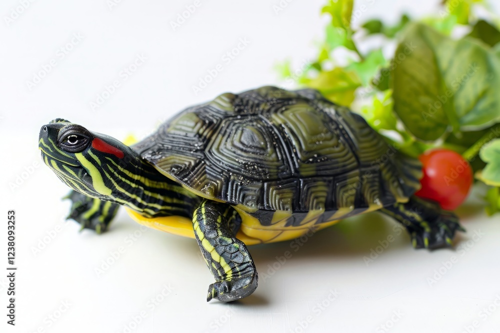 Living and toy turtle on a white background. Living and toy turtle on a white background.