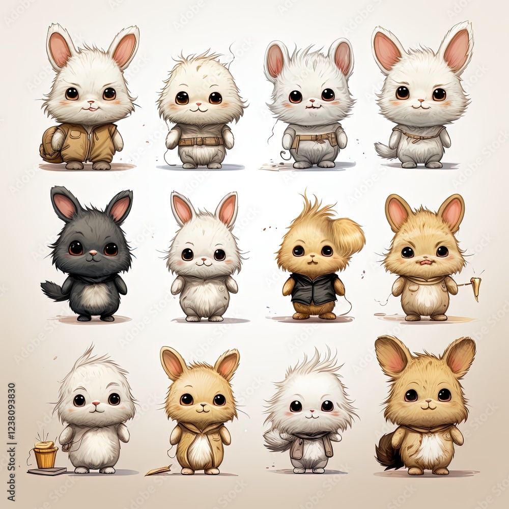Set of Fluffy and Cute Little Bunny Characters in Various Poses Set of Fluffy and Cute Little Bunny Characters in Various Poses
