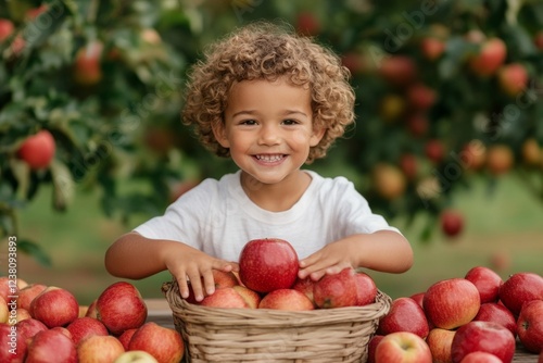 Joyful Orchard Scene Young Boy Enjoying Fresh Apples from Rustic Wicker Basket - Promoting Farm-to-Table Wellness and Natural Food for Lifestyle Branding photo