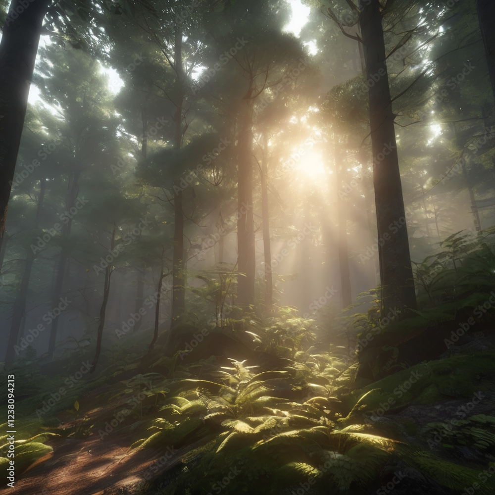 Naklejka premium Mystical Foggy Forest with Sun Rays