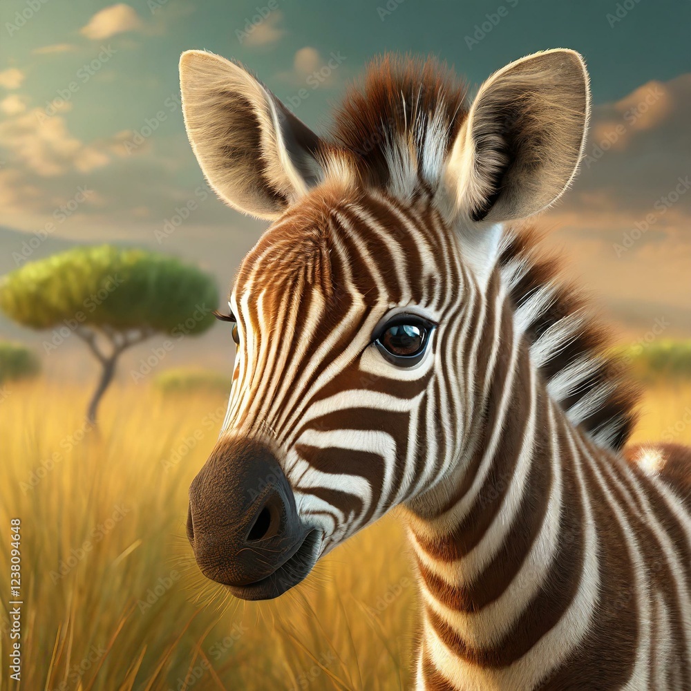 Naklejka premium Portrait of a cute little zebra with savannah in the background