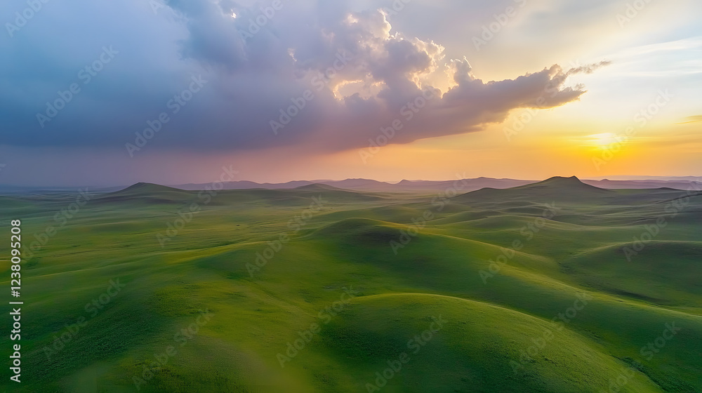 Obraz premium Aerial view of green hills and cloudy sky at sunset in spring, panoramic landscape from a drone with summer nature, sunlight on the grassy mountains