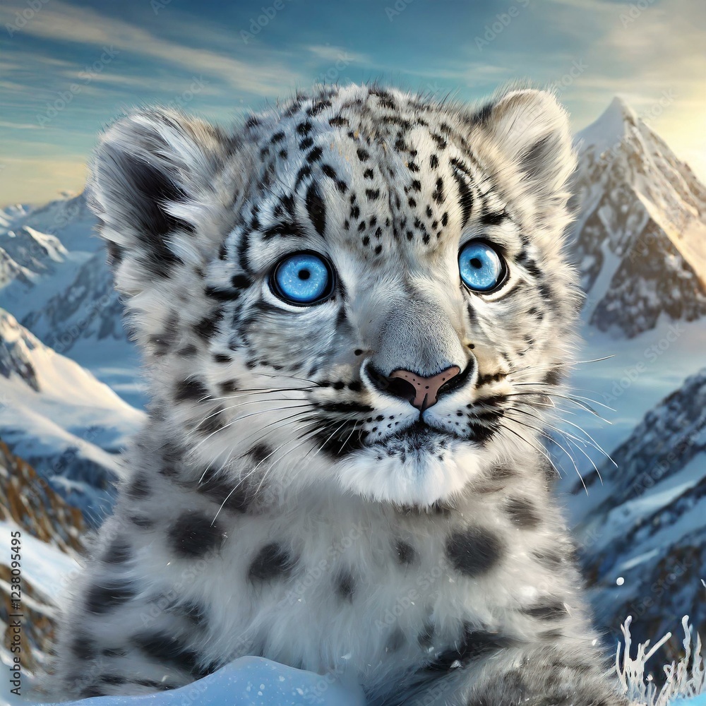 Obraz premium Portrait of a snow leopard cub with snow-capped mountains in the background
