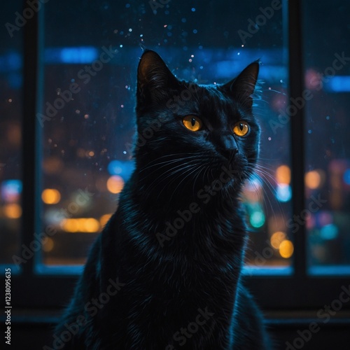 A glowing black cat with its outline reflected perfectly in the glass of the window, neon lights swirling around it like a halo.