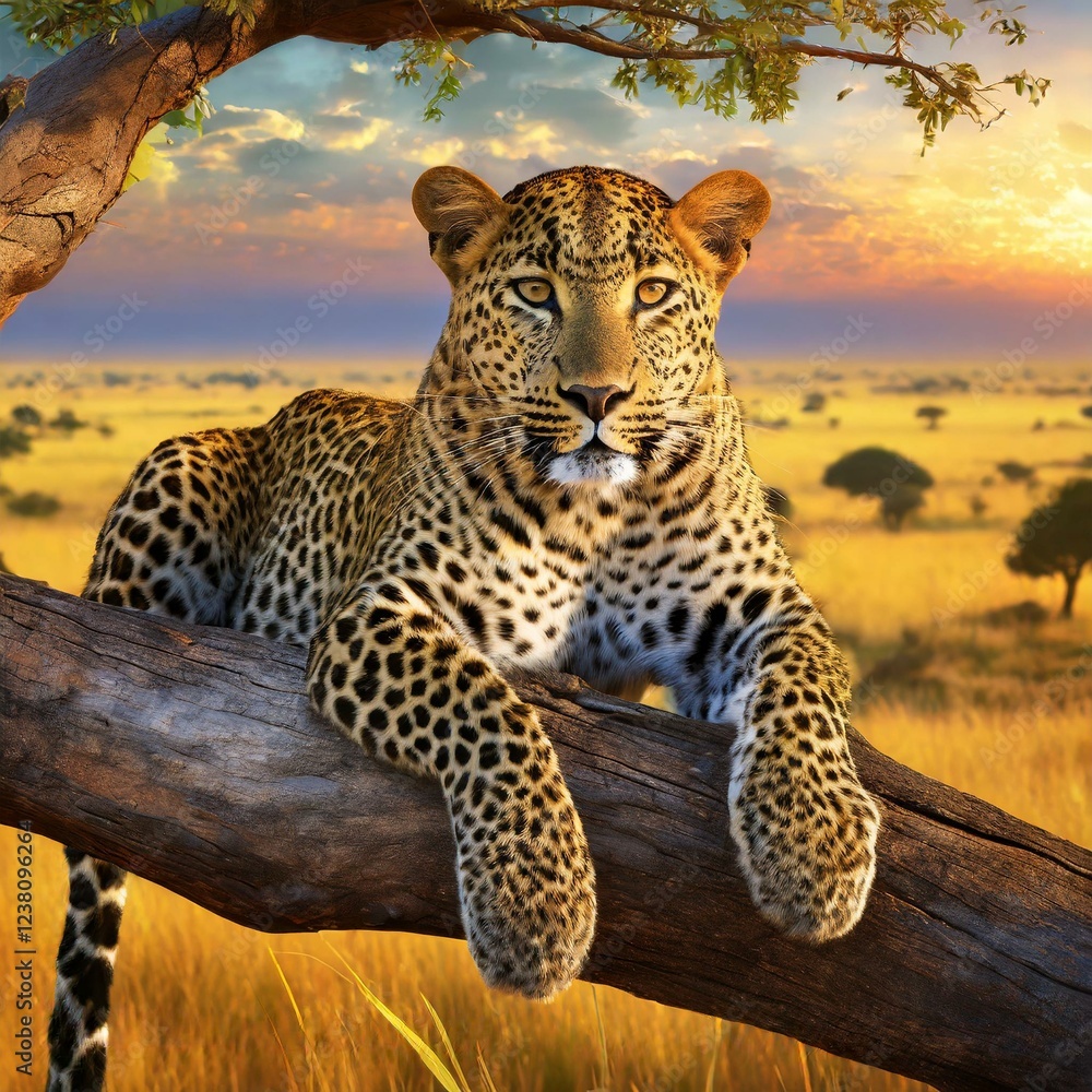 Fototapeta premium Portrait of a leopard lying on a tree branch with the African savannah in the background