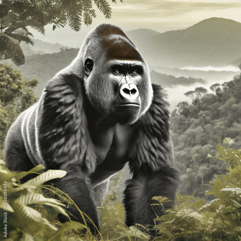 Naklejka premium Portrait of an adult mountain gorilla with the rainforest in the background