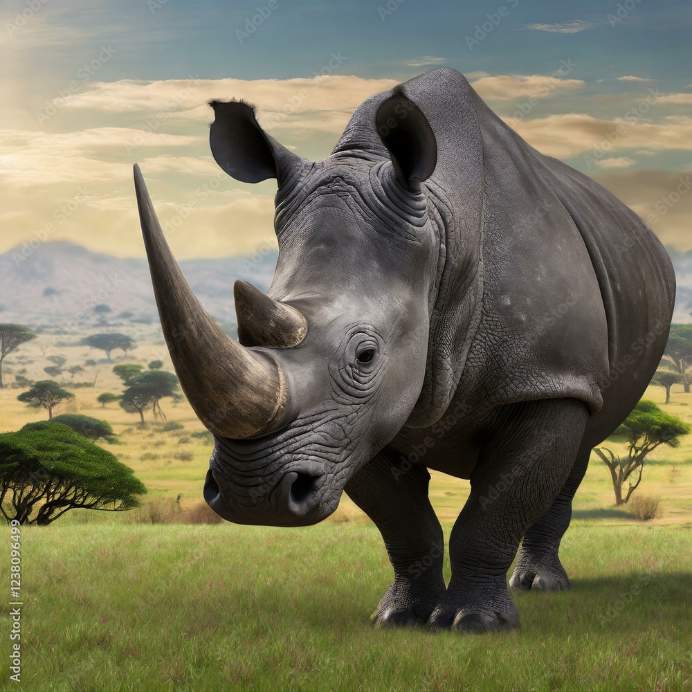Fototapeta premium Portrait of an adult rhinoceros with the African savannah in the background