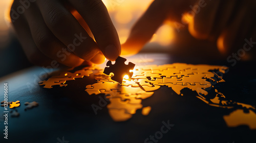 A globe with puzzle pieces missing, depicting incomplete globalization, Realistic Photo Professional photography, Warm, soft directional lighting with diffused shadows,