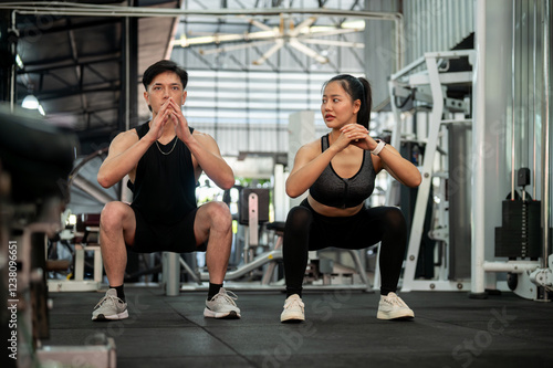 Wallpaper Mural A sporty Asian couple is training together in the gym, performing squats and bodyweight exercises. Torontodigital.ca