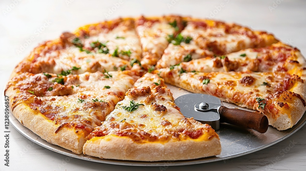 Delicious cheese pizza sliced on a metal tray Delicious cheese pizza sliced on a metal tray