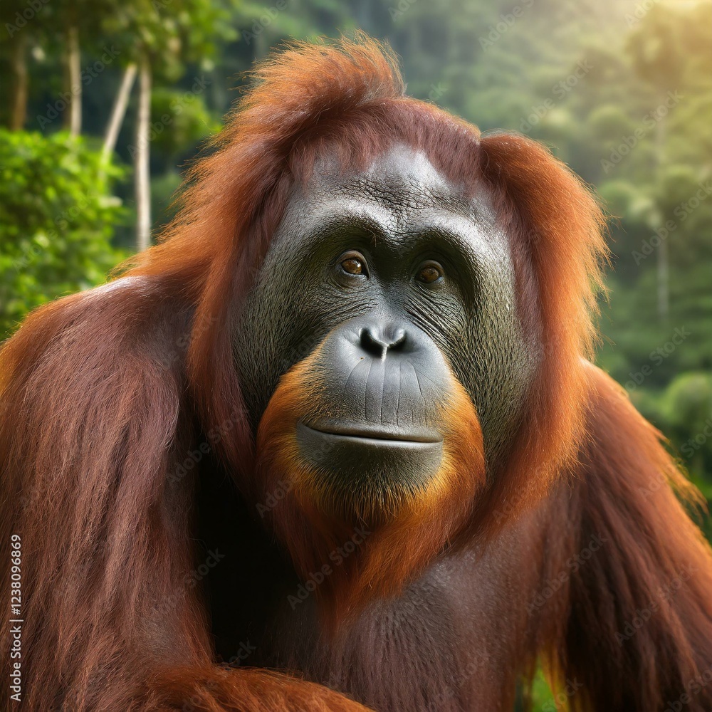Portrait of an orangutan with the rainforest in the background