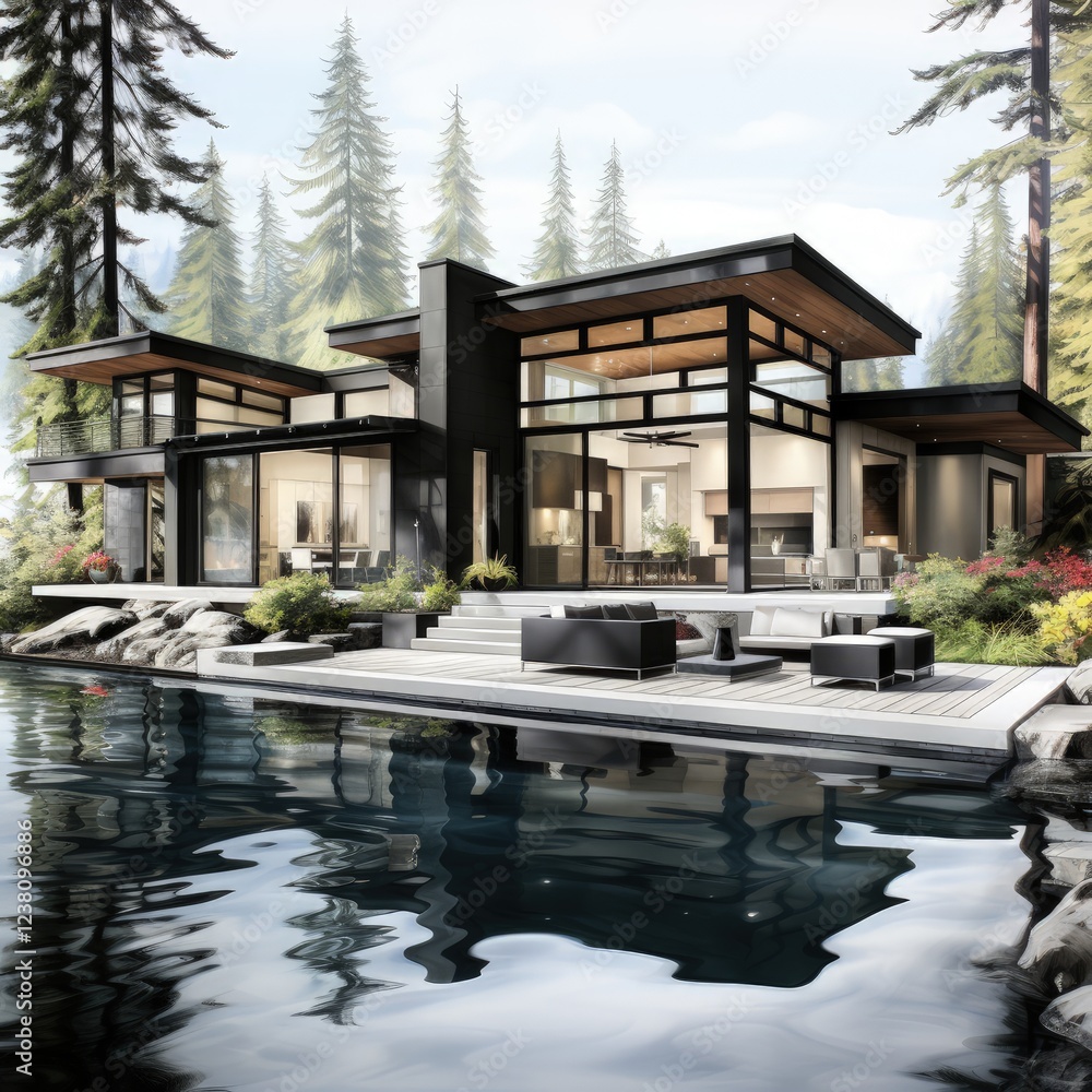 Fototapeta premium Architectural Sketch of a Century Modern Alaskan Cabin in the Wilderness