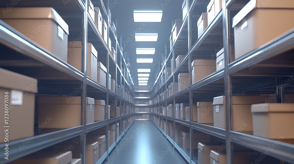 Obraz premium Storage shelves filled with cardboard boxes.