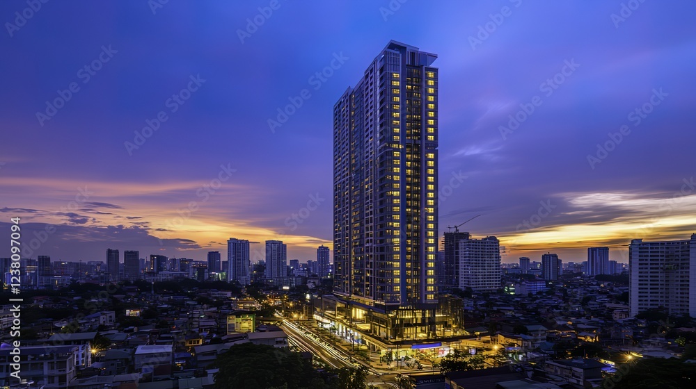 Obraz premium A towering glass skyscraper stands amidst a bustling cityscape, bathed in golden hour light, evoking urban elegance and modern grandeur