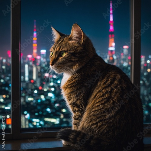 A cat sitting on a windowsill, with neon signs flickering across its fur as Tokyo’s skyscrapers glow in the background.