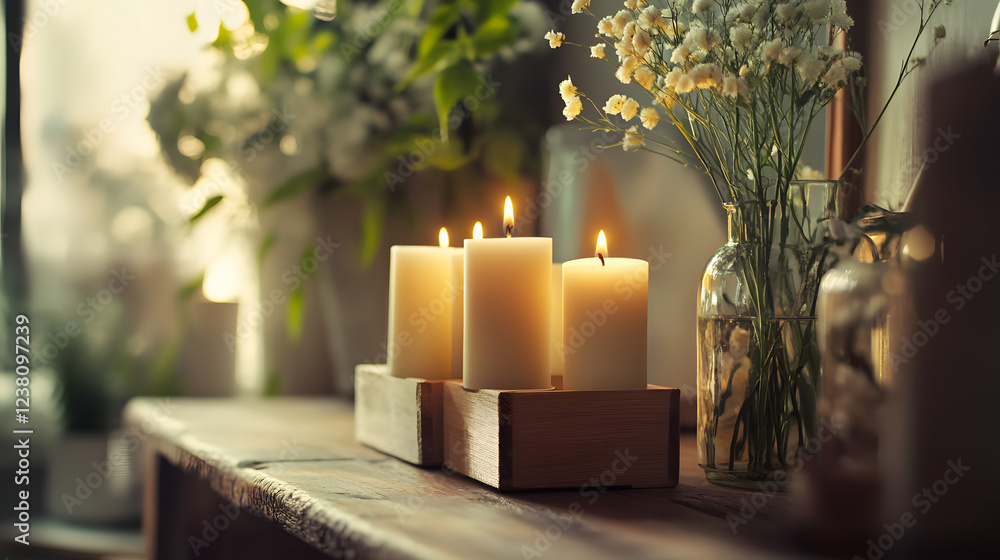 Beige candles in wooden boxes on the table, vases with wildflowers and greenery on an old rustic shelf. The background is blurred, creating space for text or logo Beige candles in wooden boxes on the table, vases with wildflowers and greenery on an old rustic shelf. The background is blurred, creating space for text or logo