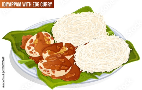 Traditional Idiyappam Served on Banana Leaf with Egg Curry. Authentic South Indian Cuisine Detailed Illustration