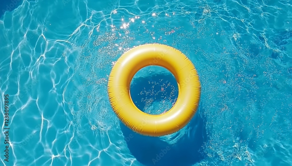 Yellow Inflatable Pool Ring Floating in Clear Blue Swimming Pool Water, Summer Background Yellow Inflatable Pool Ring Floating in Clear Blue Swimming Pool Water, Summer Background