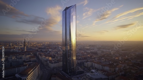 A towering glass skyscraper stands amidst a bustling cityscape, bathed in golden hour light, evoking urban elegance and modern grandeur