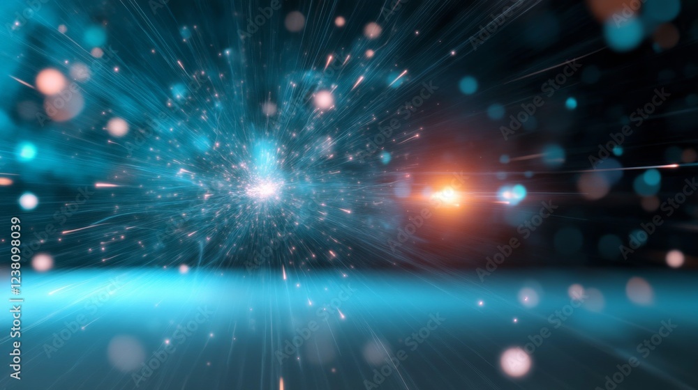 Fototapeta premium Teal and orange light burst explosion background, futuristic digital energy, abstract space scene, website design element