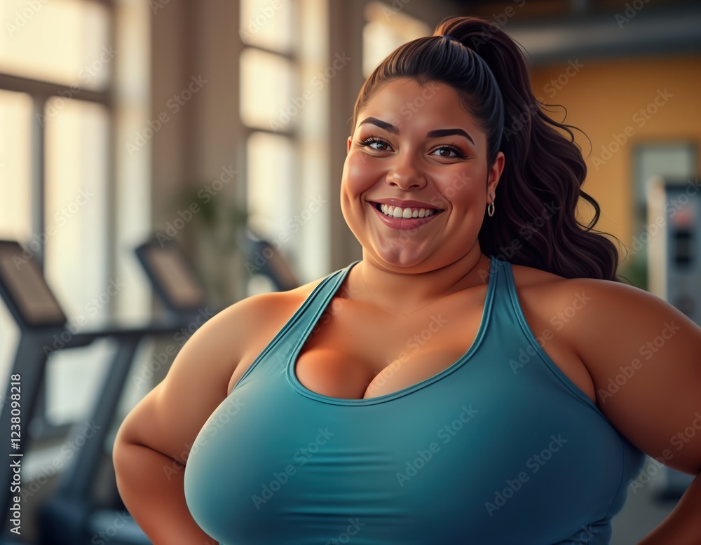 Smiling plus-size woman in gym. She is happy and confident. She is wearing sporty top. Active lifestyle in fitness center. Positive body image. Health and wellbeing. Curvy woman in gym. Smiling plus-size woman in gym. She is happy and confident. She is wearing sporty top. Active lifestyle in fitness center. Positive body image. Health and wellbeing. Curvy woman in gym.
