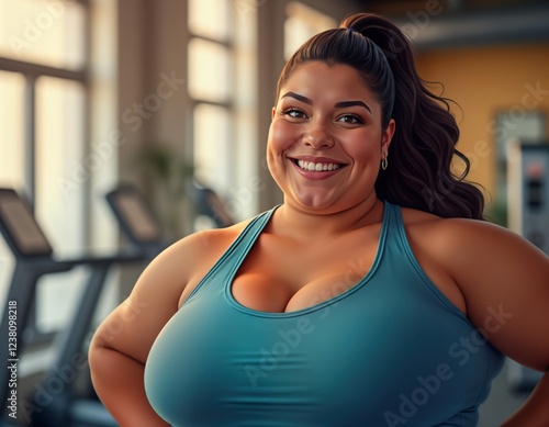 Free Download Smiling plus-size woman in gym. She is happy and confident. She is wearing sporty top. Active lifestyle in fitness center. Positive body image. Health and wellbeing. Curvy woman in gym. - GFXLoad
