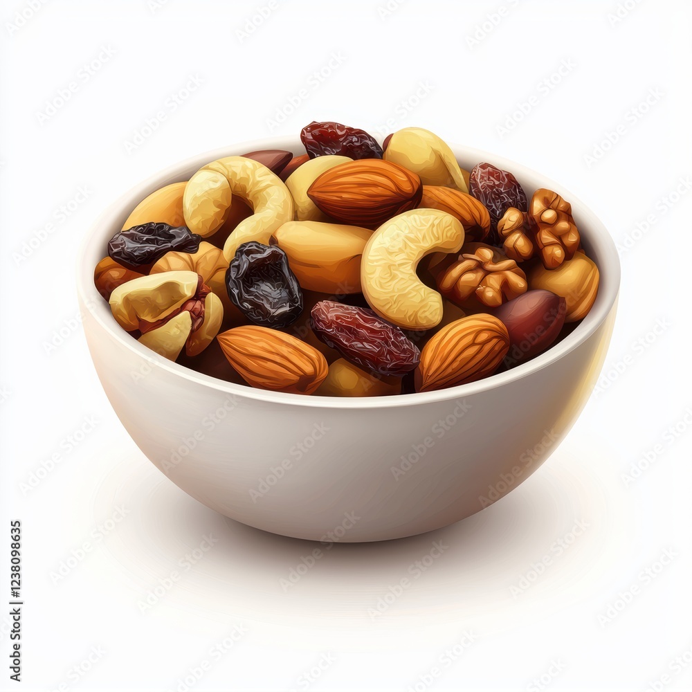 small bowl of mixed nuts and dried fruits, placed on a bright white background