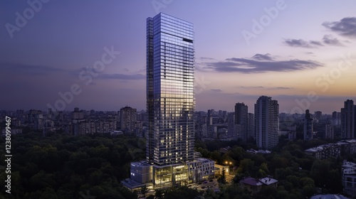 A towering glass skyscraper stands amidst a bustling cityscape, bathed in golden hour light, evoking urban elegance and modern grandeur photo