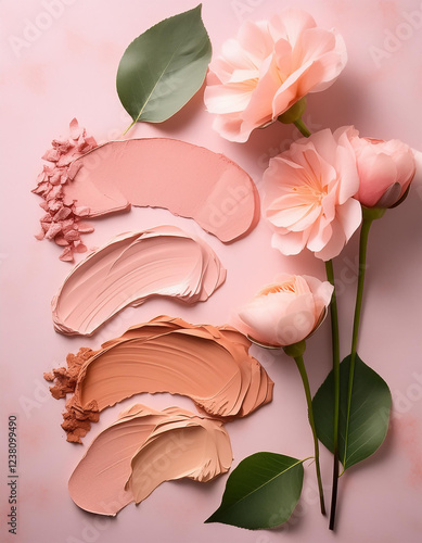 Creative concept image of cosmetics makeup beauty products lipstick eyeshadows foundation brushes with flowers on pink  background.