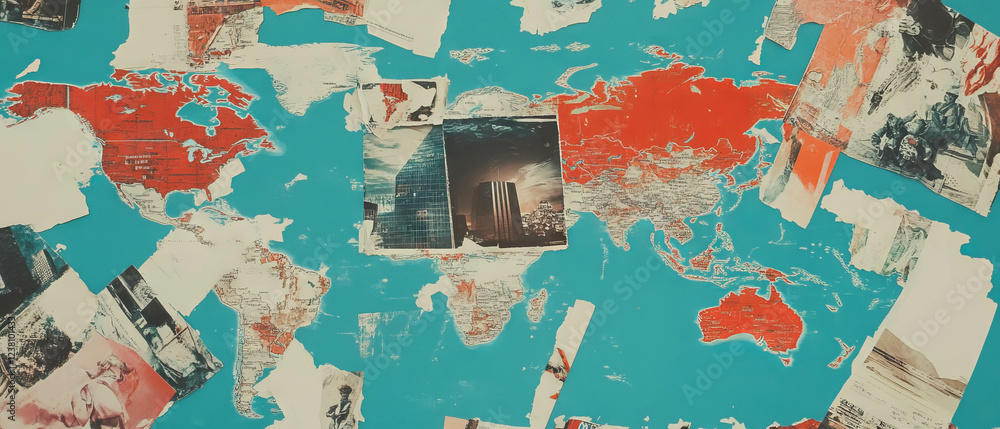 Naklejka premium Exploring global trade routes through mixed media collage art