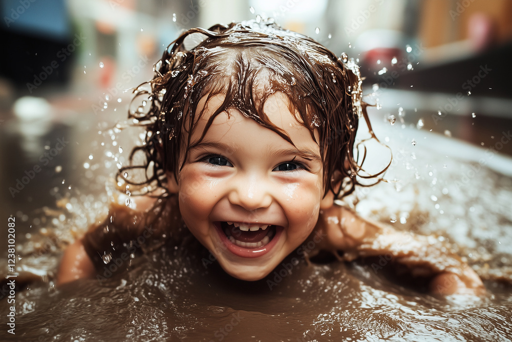 Obraz premium A young child is splashing in a muddy puddle, smiling and laughing