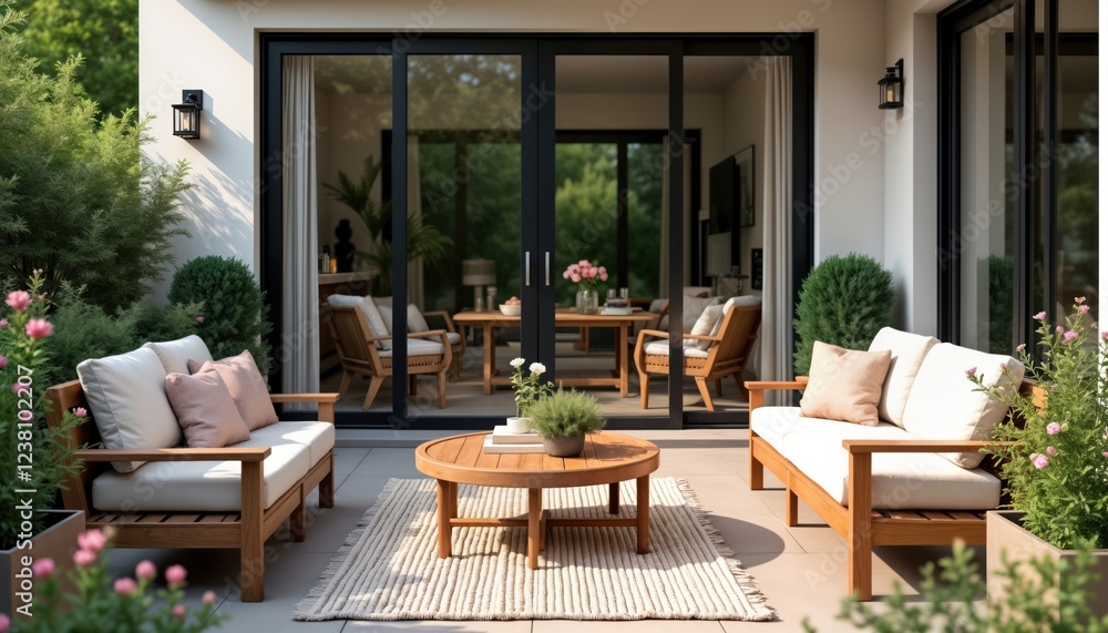 Fototapeta premium Cozy outdoor patio area with modern wooden furniture. Sliding glass doors lead to stylish interior space. Relaxing atmosphere perfect for summer days. Stylish, elegant patio design with tranquil