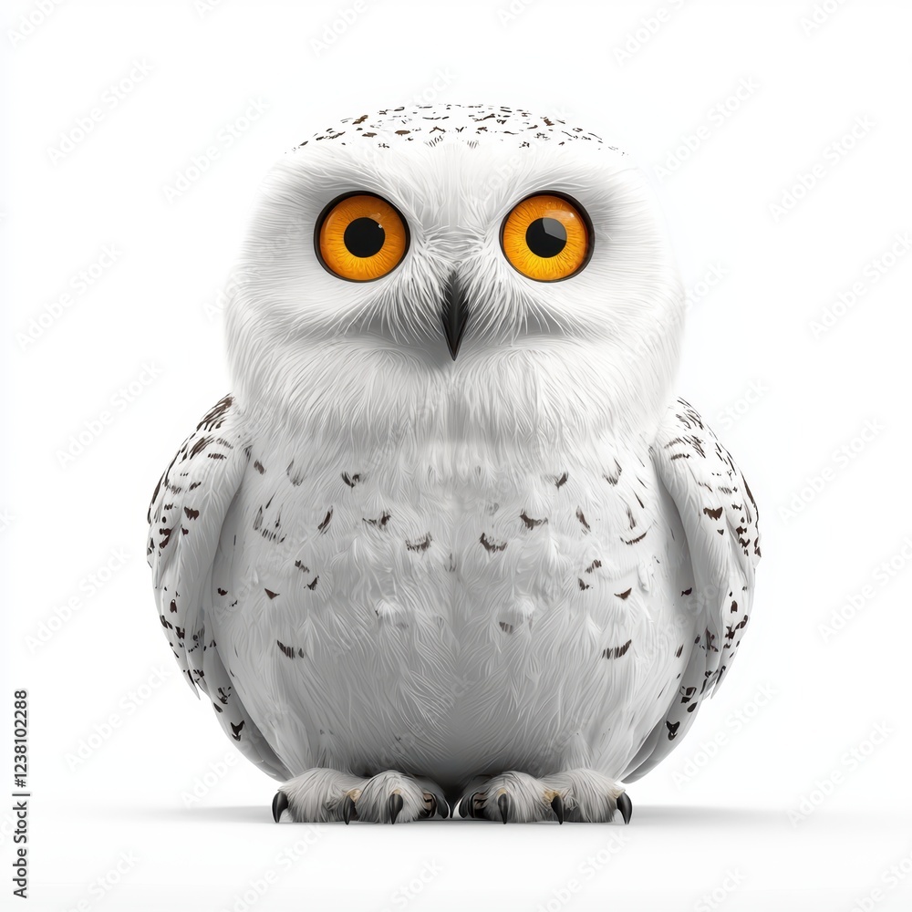 Fototapeta premium Snowy owl with bright yellow eyes staring forward, isolated on a clean white background