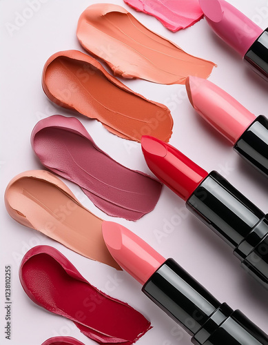 Creative concept image of cosmetics makeup beauty products lipstick eyeshadows foundation makeup on white background.