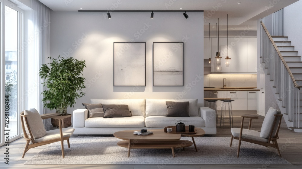 Modern Minimalist Open Plan Living Room Interior Design with Kitchen View