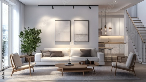 Obraz na płótnie Modern Minimalist Open Plan Living Room Interior Design with Kitchen View w salonie