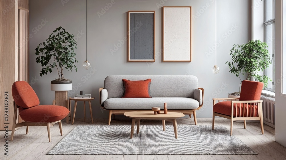 Modern Scandinavian Living Room Interior Design with Light Grey Sofa and Burnt Orange Armchairs