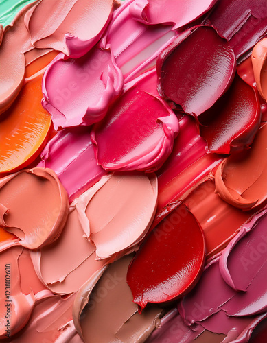 Creative concept image of cosmetics makeup beauty products lipstick eyeshadows foundation makeup on white background.