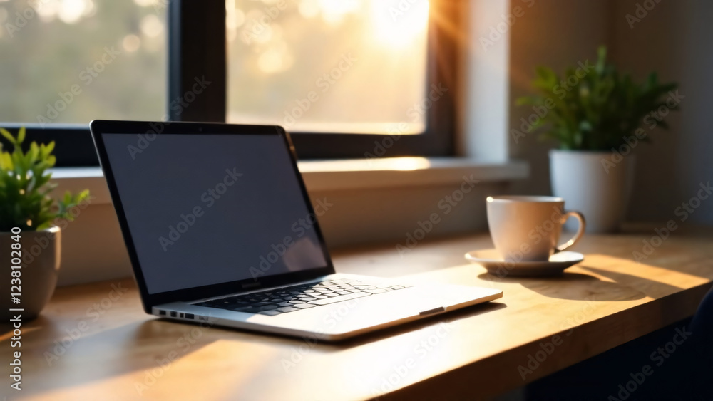 Fototapeta premium A cup of coffee on a wooden table next to a laptop by the window.