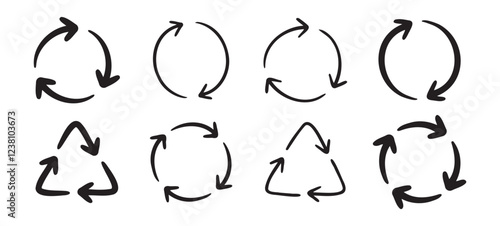 Recycle arrow icon or using recycling resources doodle hand drawn symbol. Outline drawing recycle arrow line clipart symbol
