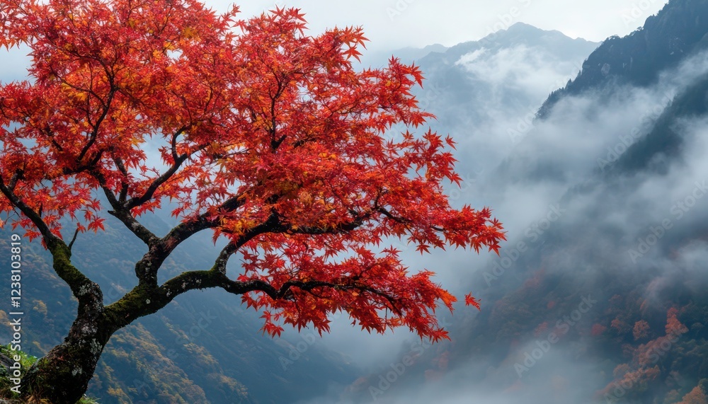 Red maple tree with vibrant leaves against a backdrop of misty mountains Red maple tree with vibrant leaves against a backdrop of misty mountains