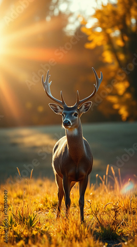 A deer stands majestically in a sunlit meadow, captured in a dramatic cinematic style with bright lens flare.  Vibrant colors and a film-like composition and lighting create a powerful image ag
