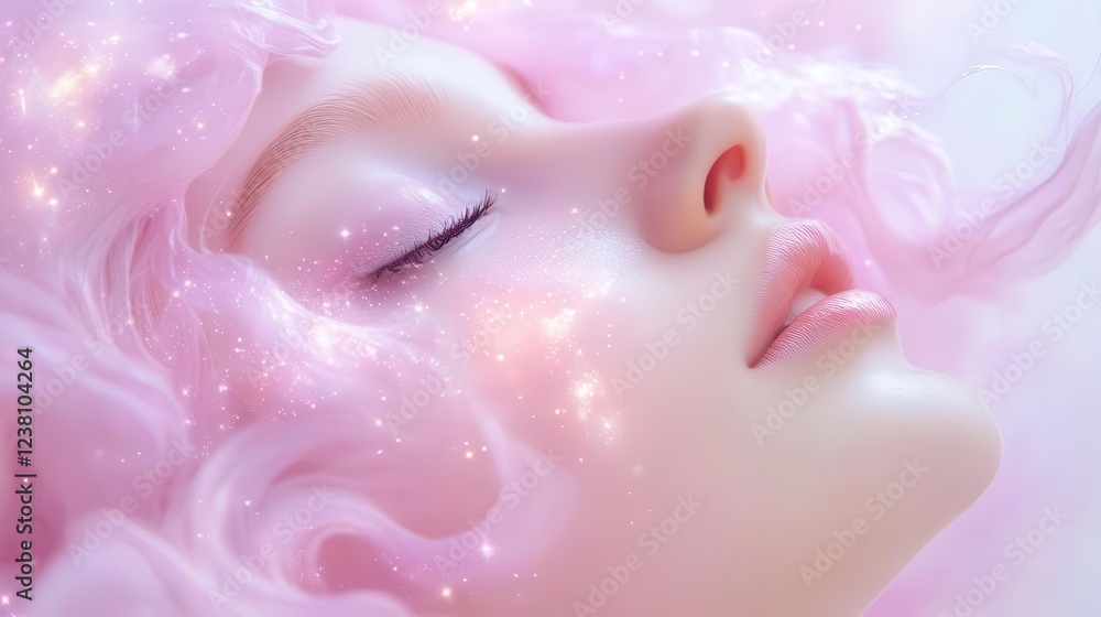 Fototapeta premium A celestial goddess with flowing cosmic hair surrounded by glowing stars and a pastel galaxy mystical fantasy portrait